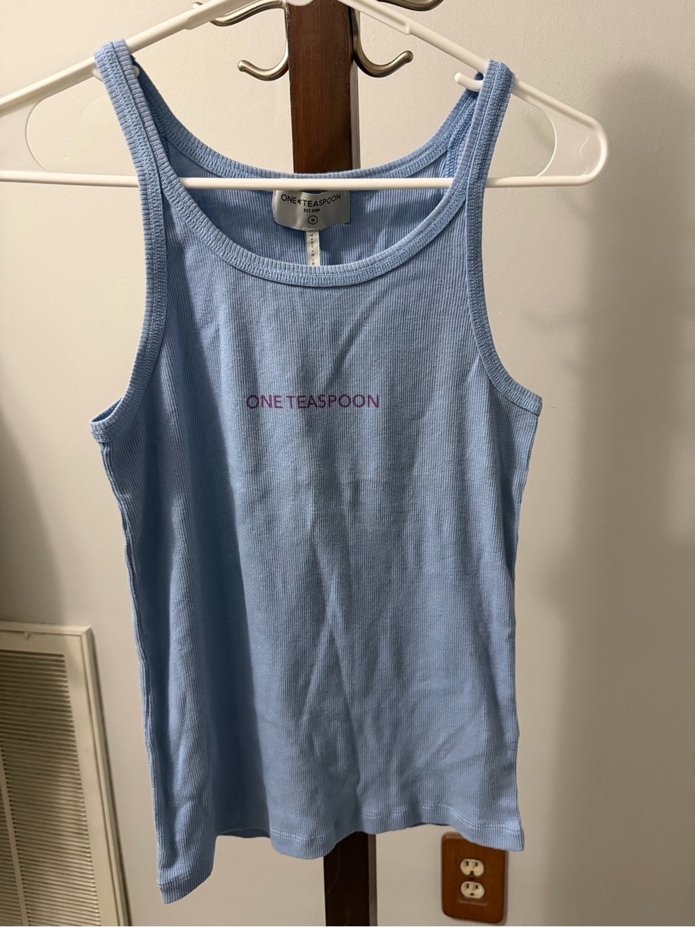 One Teaspoon Powder Blue Ribbed Logo Tank